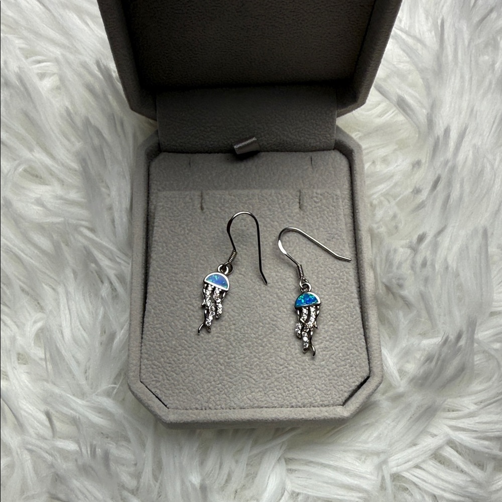 Sterling Silver Jellyfish Drop Earrings with Blue Opal Accent